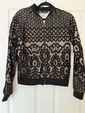 Blue Rain Black Lace Bomber Jacket with Nude Underlay Size M